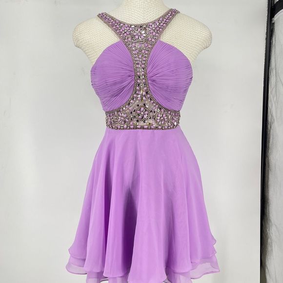 Custom Purple Beaded Halter Cocktail Dress - Picture 8 of 11